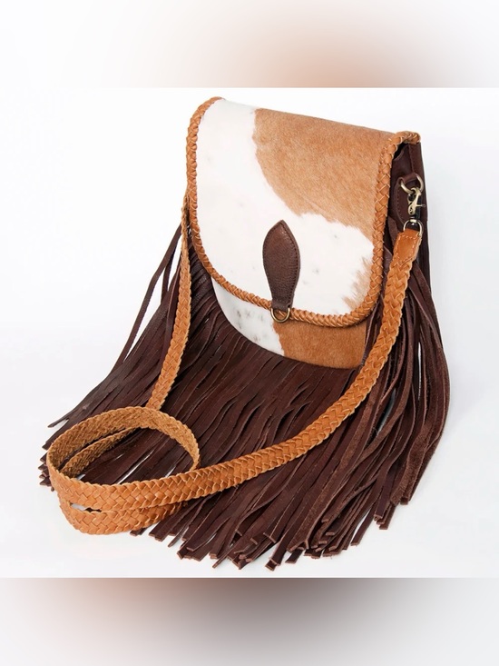 Handbags - Western Fringe Crossbody Bag with Cowhide Flap - Brown & White